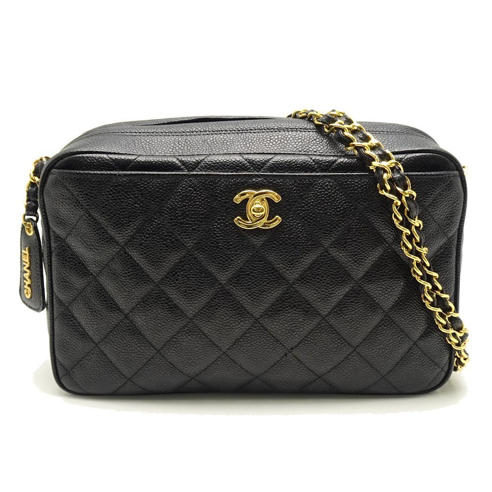 Chanel Matelasse Chain Shoulder Bag Diagonal Caviar Skin Black
